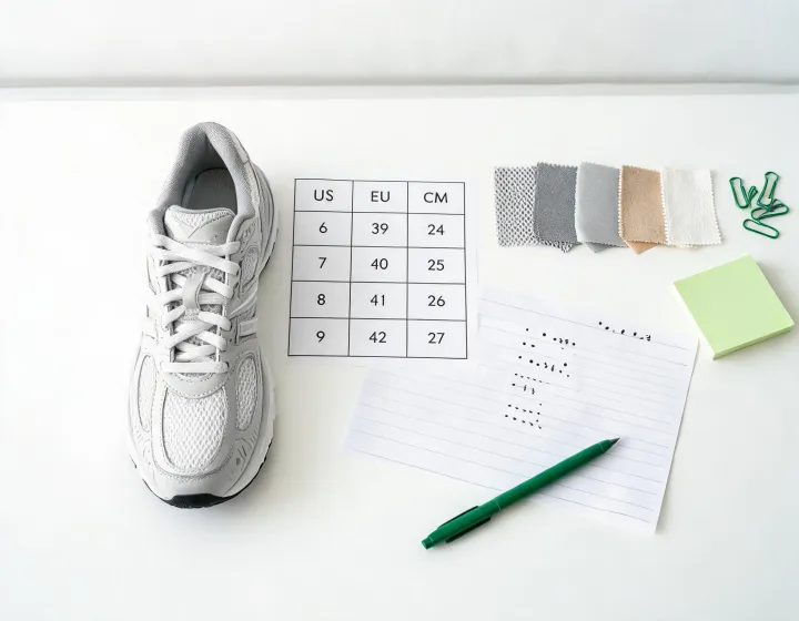 Running footwear specification desk with sample shoe and size chart