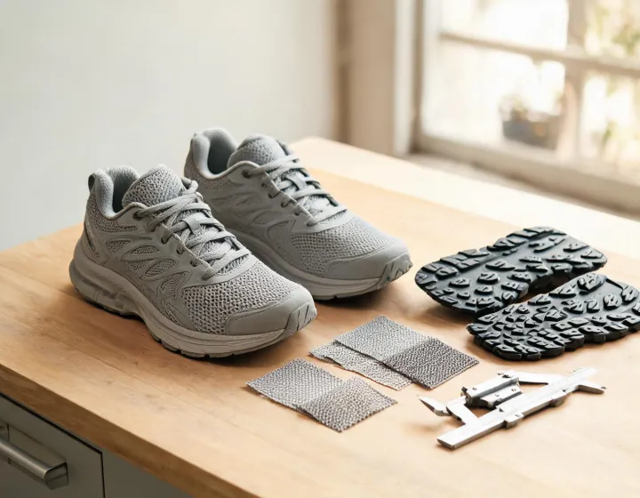 Outdoor running shoe material samples and a footwear specification ledger